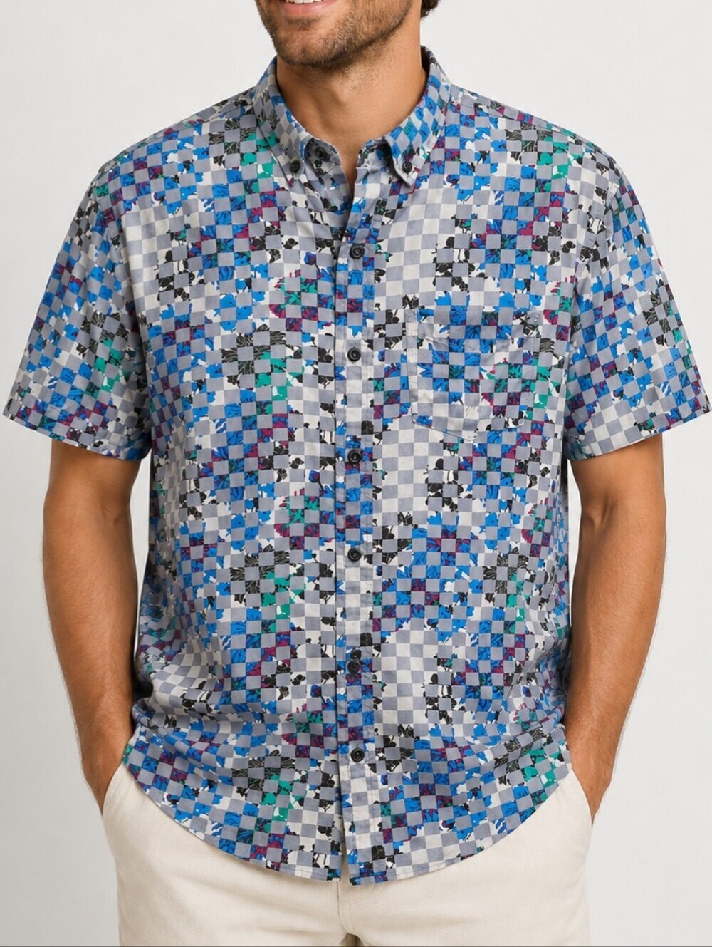 The Rail Geometric Checker Blue Short Sleeve Button-Front Shirt Men Size Small